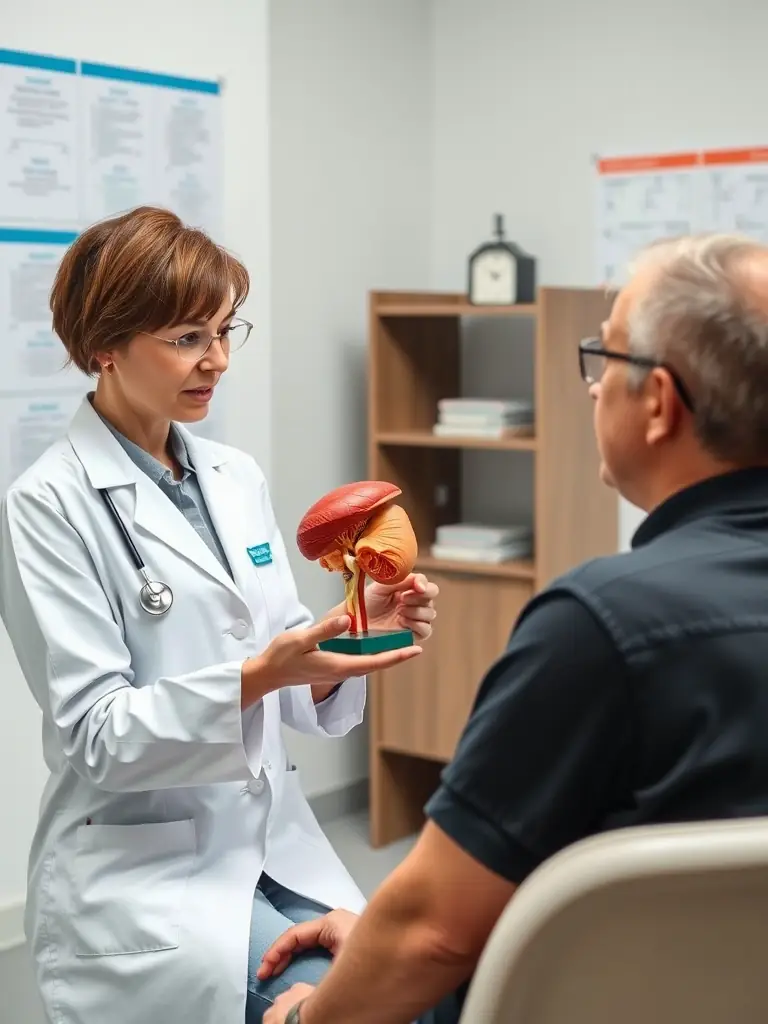 A doctor explaining the prostate artery embolization procedure to a patient using a detailed anatomical model of the prostate.