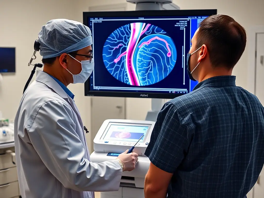 A high-quality image depicting the prostate artery embolization procedure, showing the interventional radiologist using advanced imaging to guide the catheter and embolize the arteries supplying blood to the prostate.
